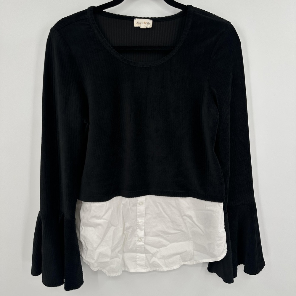 Meadow Rue Sweater Womens Small Black White Layered Bell Sleeve Pullover Top